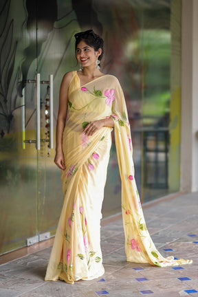 Pastel Yellow Handpainted Chiffon Saree