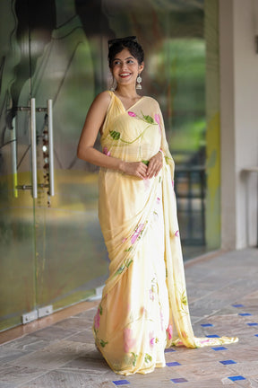 Pastel Yellow Handpainted Chiffon Saree