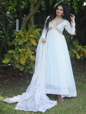 White Embroidered Georgette Gown with Dupatta