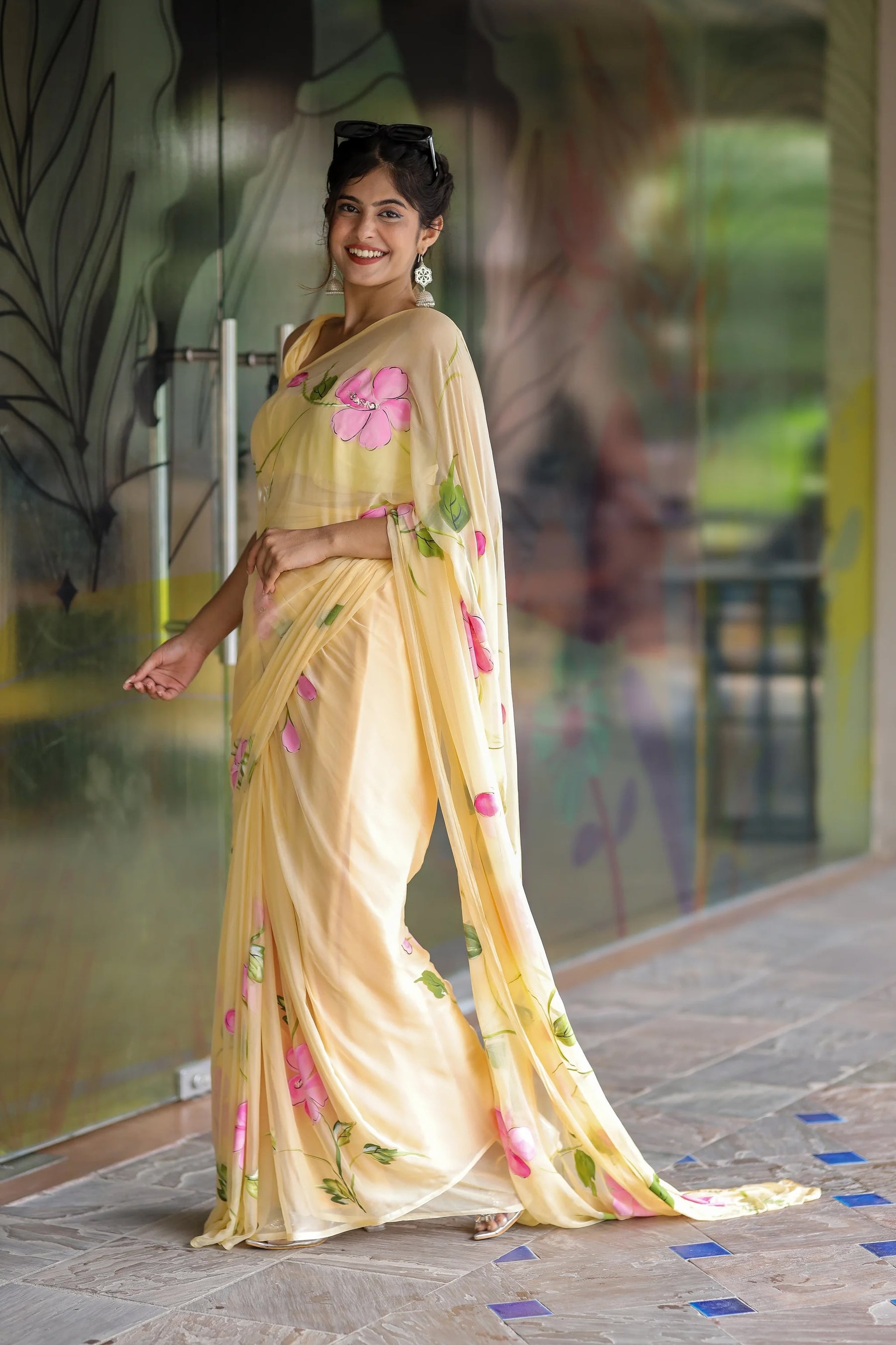 Pastel Yellow Handpainted Chiffon Saree