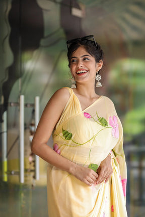 Pastel Yellow Handpainted Chiffon Saree