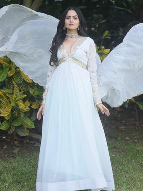 White Embroidered Georgette Gown with Dupatta