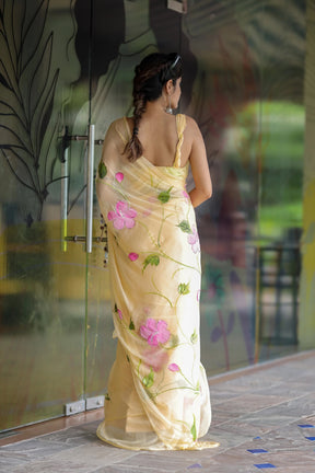 Pastel Yellow Handpainted Chiffon Saree