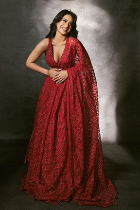 Red Aadhya Lehenga Set with Geometric Sequin Embroidery