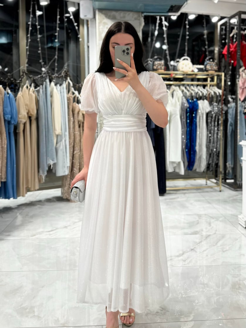 Shine Glittery Balloon Sleeve Midi Chiffon Dress in White