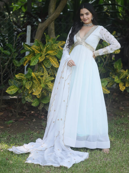 White Embroidered Georgette Gown with Dupatta