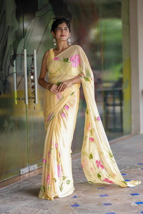 Pastel Yellow Handpainted Chiffon Saree