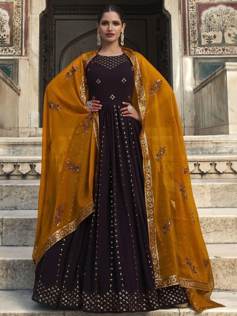 Purple Sequins Work Georgette Festival Wear Gown with Dupatta