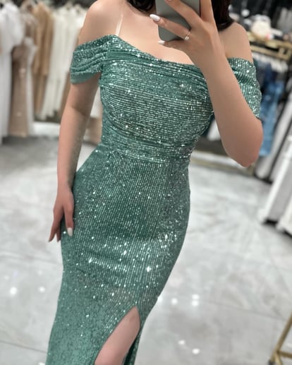 Andrea Mint Green Sequin Evening Dress with Back Tie & Cowl Neck