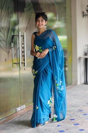 Rich Blue Hand painted Chiffon Saree