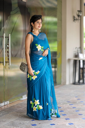 Rich Blue Hand painted Chiffon Saree