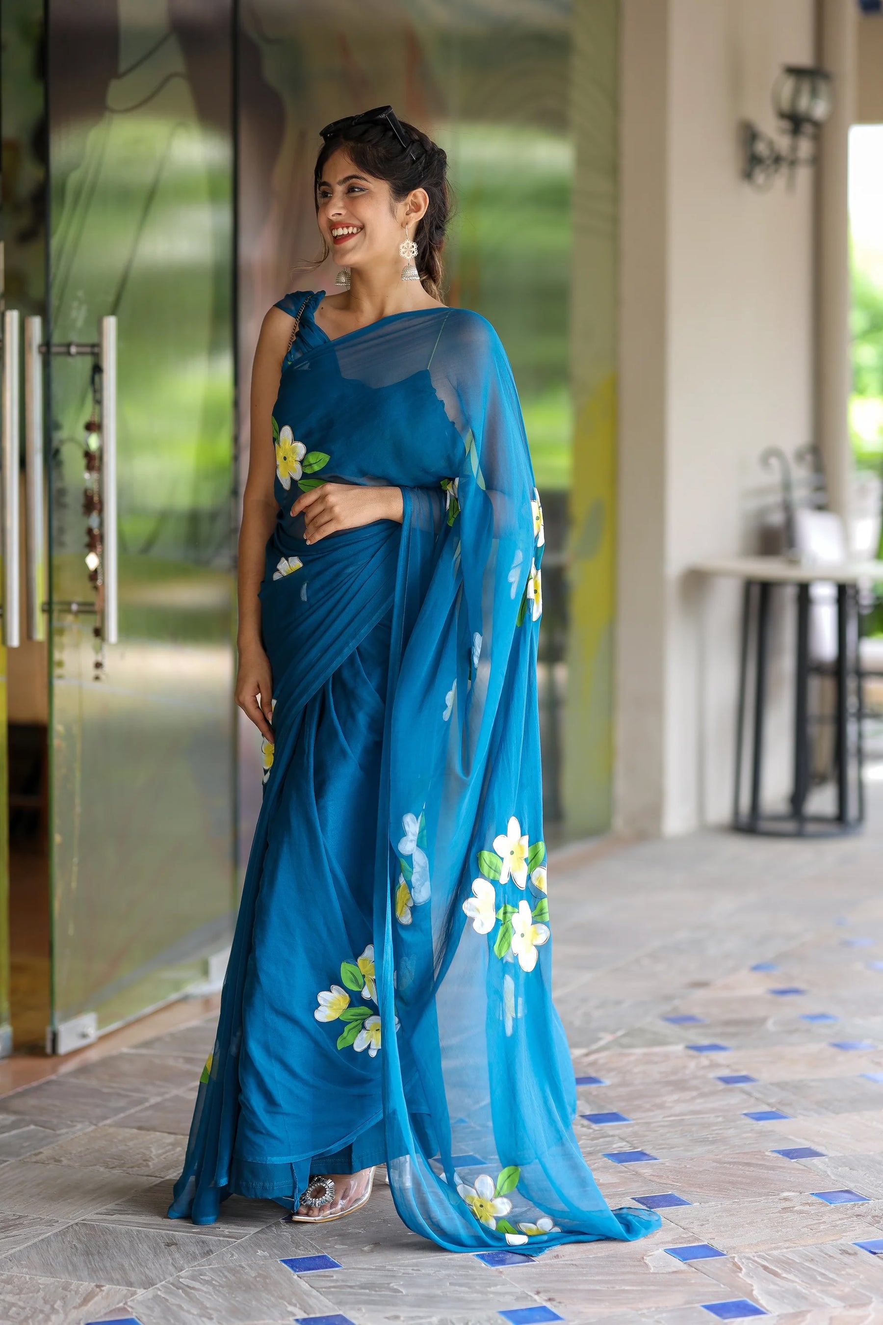 Rich Blue Hand painted Chiffon Saree