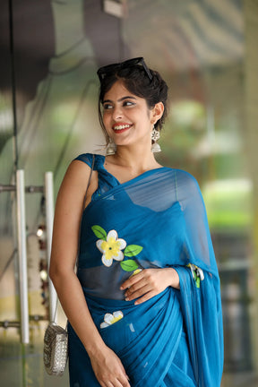 Rich Blue Hand painted Chiffon Saree