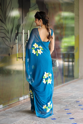 Rich Blue Hand painted Chiffon Saree