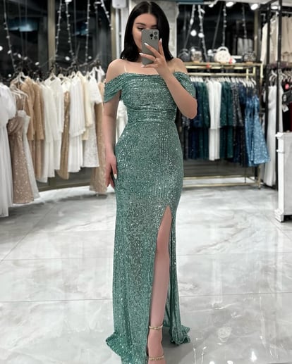 Andrea Mint Green Sequin Evening Dress with Back Tie & Cowl Neck