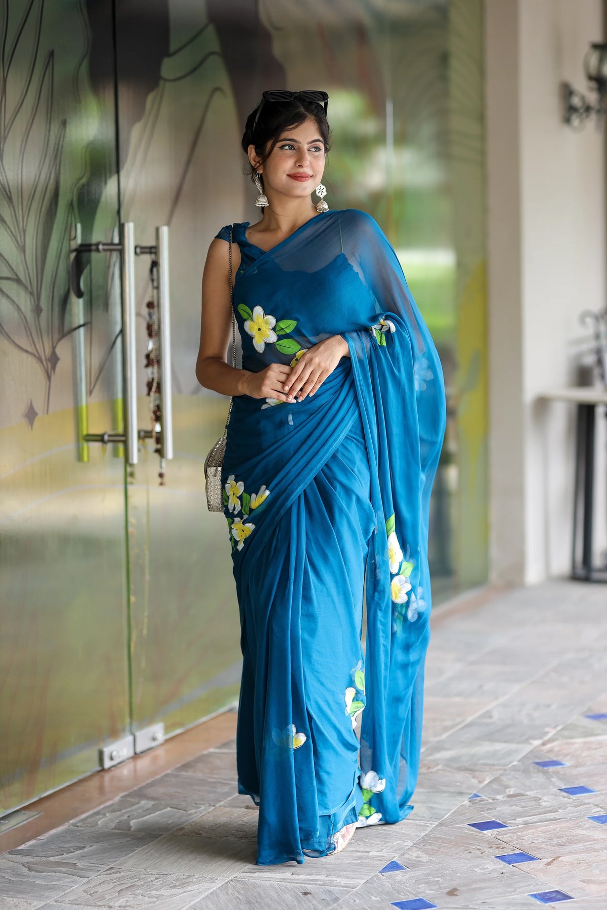 Rich Blue Hand painted Chiffon Saree