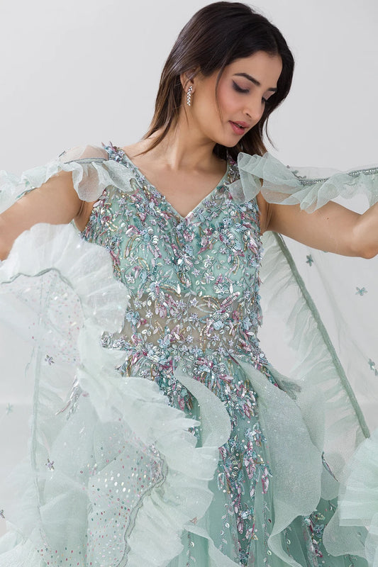 Mint Julep Blue Sequins Embroidered Net Cocktail Gown For Evening Wear