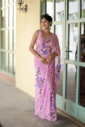 Delicate Light Pink Lilac Handpainted Chiffon Saree