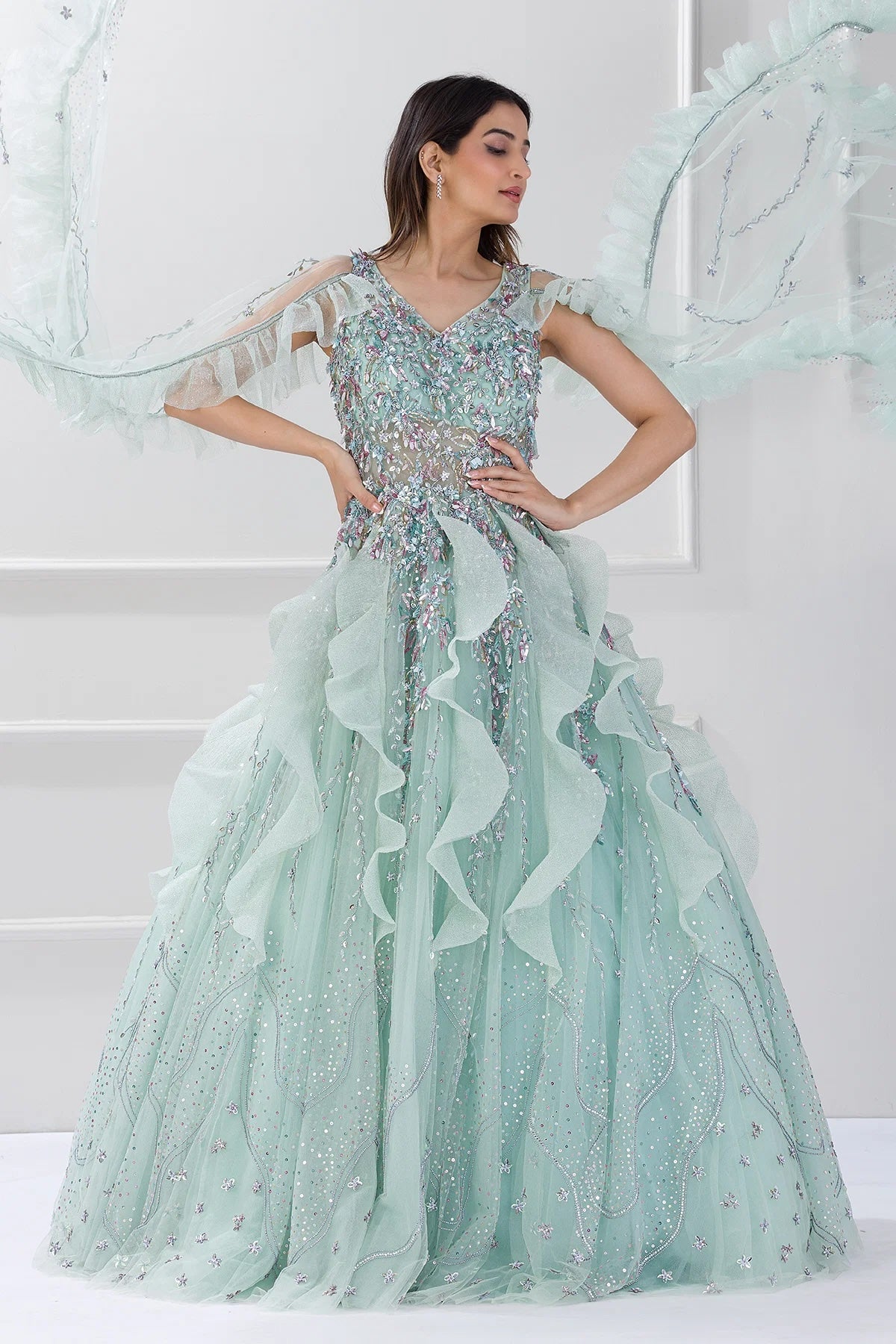Mint Julep Blue Sequins Embroidered Net Cocktail Gown For Evening Wear