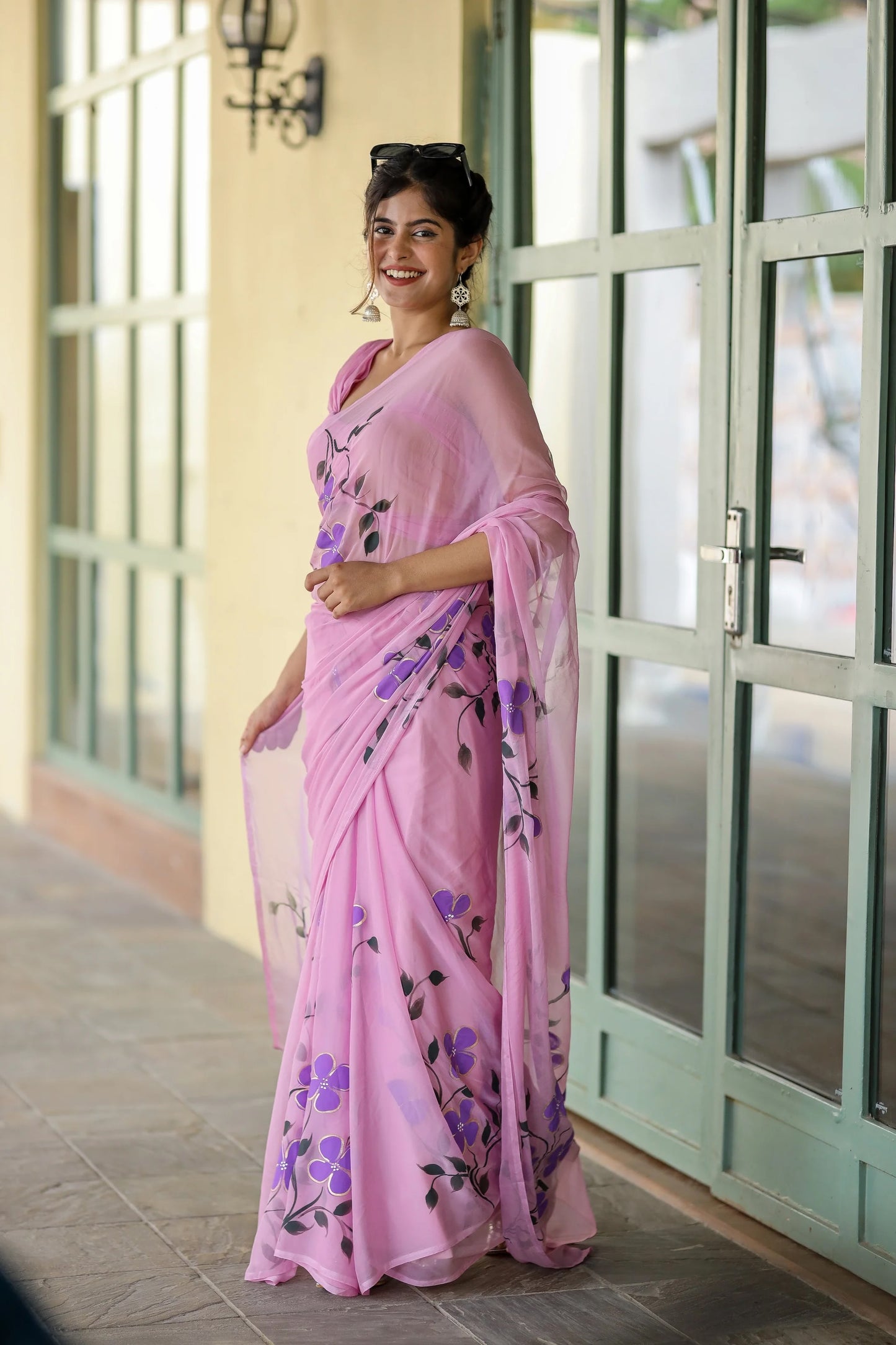 Delicate Light Pink Lilac Handpainted Chiffon Saree