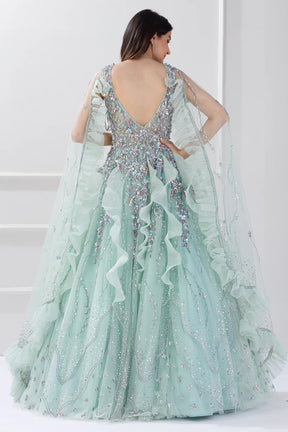Mint Julep Blue Sequins Embroidered Net Cocktail Gown For Evening Wear
