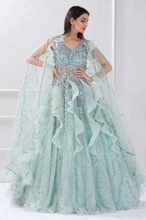 Mint Julep Blue Sequins Embroidered Net Cocktail Gown For Evening Wear