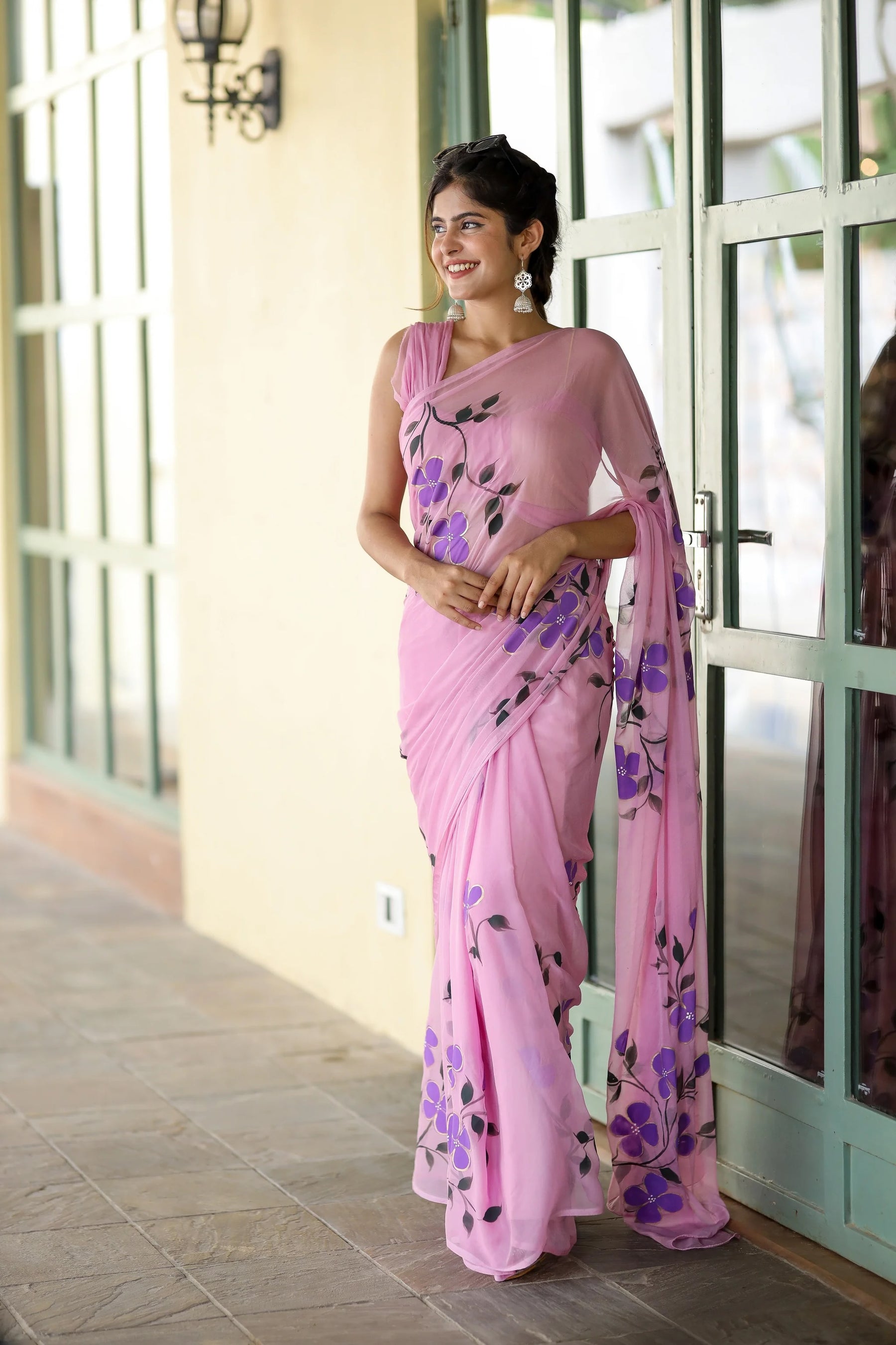 Delicate Light Pink Lilac Handpainted Chiffon Saree