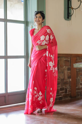 Rani Pink Hand painted Chiffon Saree with White Flowers