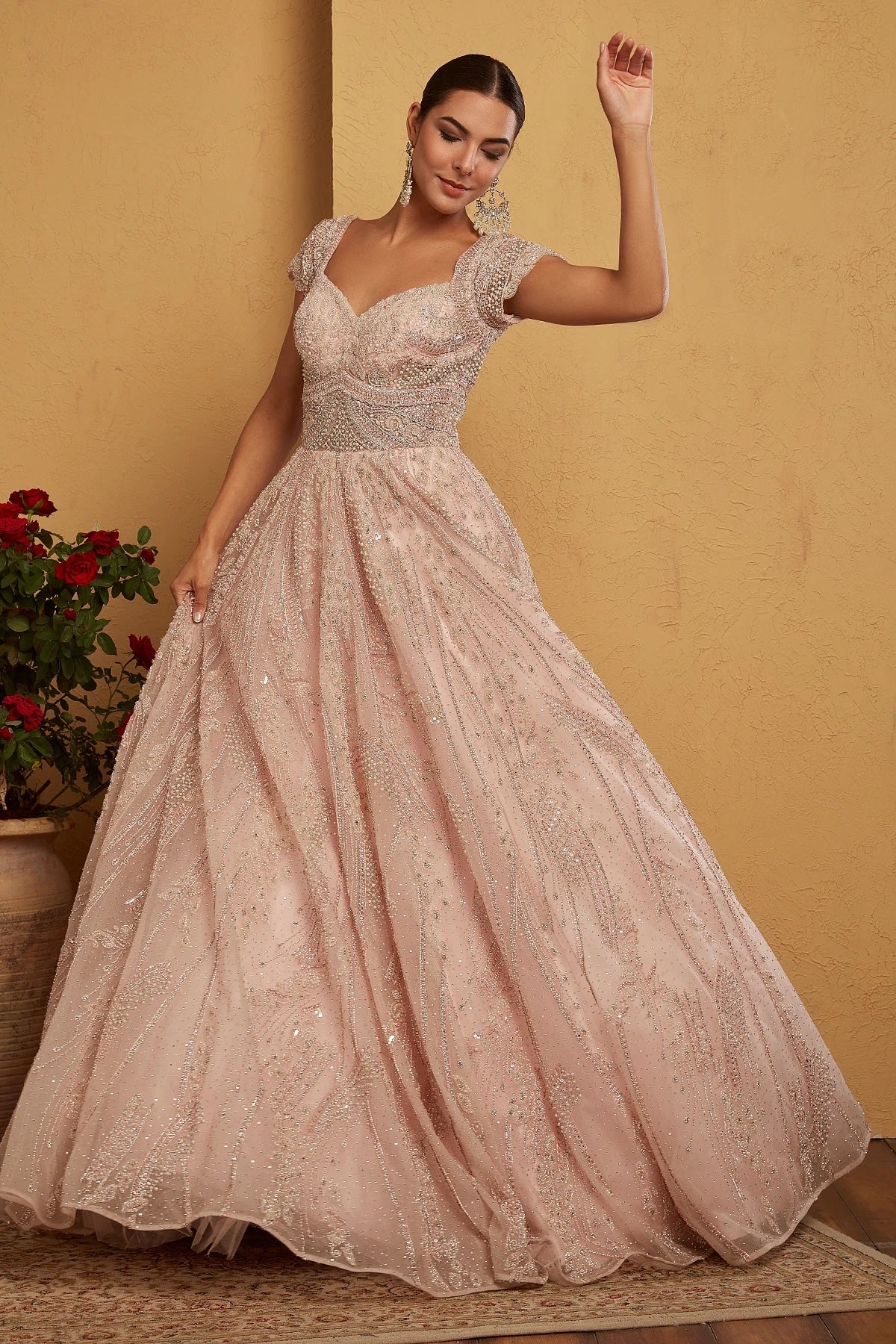 Light Pink Sequins Embroidered Reception Gown