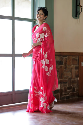 Rani Pink Hand painted Chiffon Saree with White Flowers