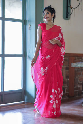 Rani Pink Hand painted Chiffon Saree with White Flowers