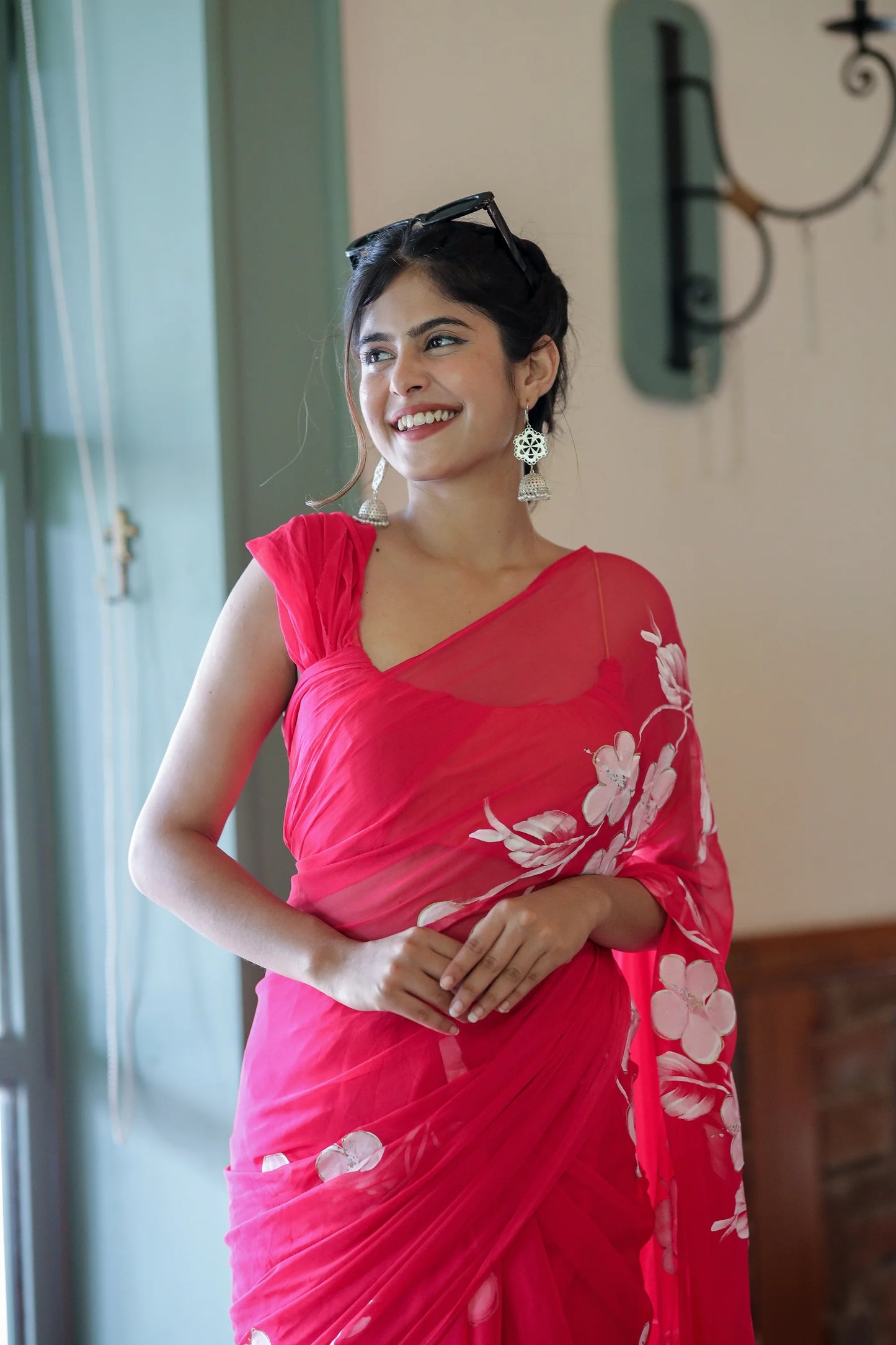 Rani Pink Hand painted Chiffon Saree with White Flowers