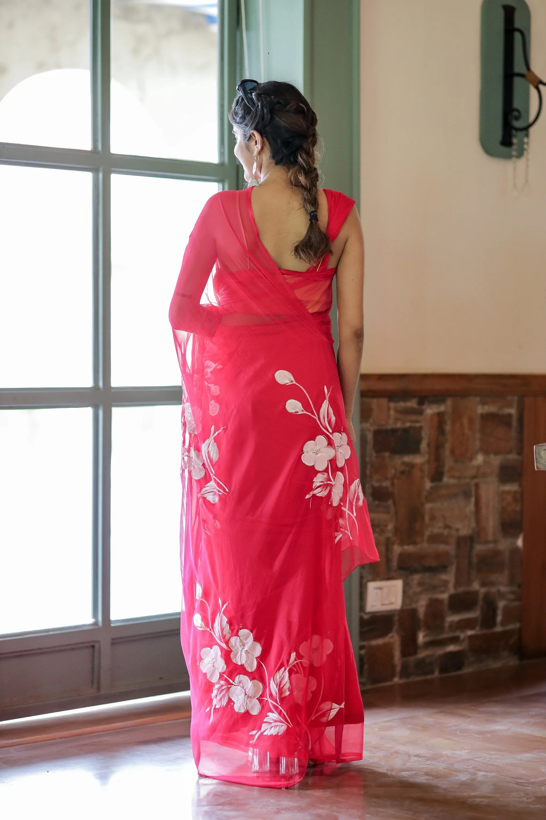 Rani Pink Hand painted Chiffon Saree with White Flowers