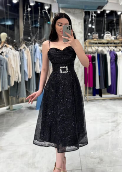 Mariana Black Sequin Draped Dress with Belt