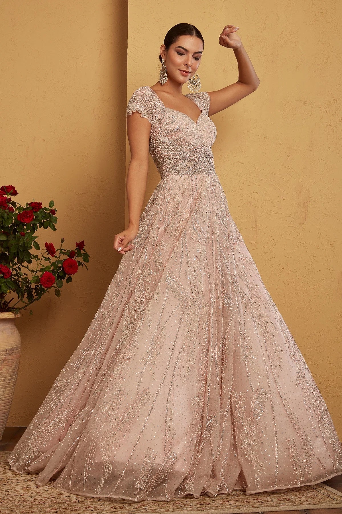 Light Pink Sequins Embroidered Reception Gown