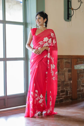 Rani Pink Hand painted Chiffon Saree with White Flowers