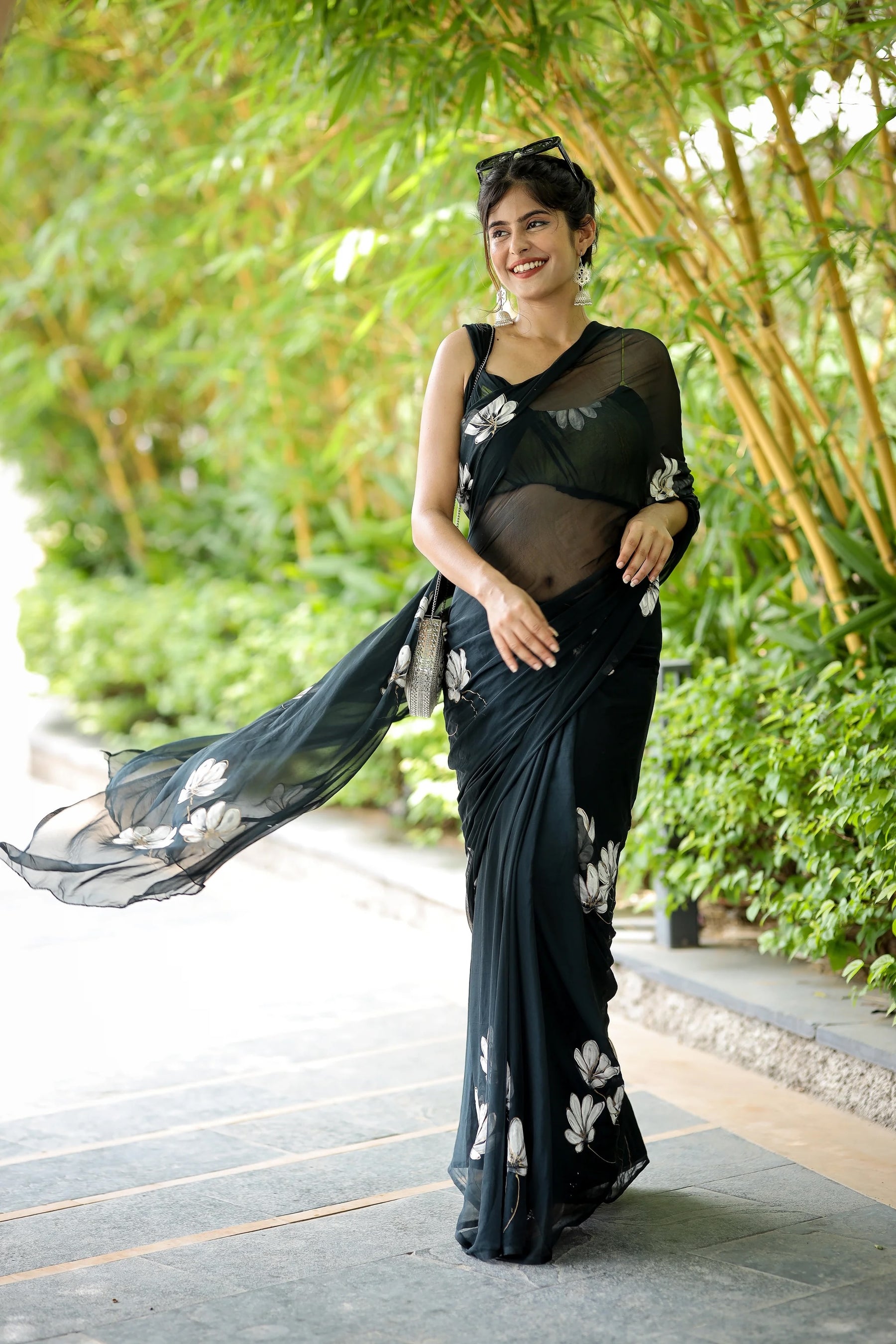 Enchanting Blackish Grey Handpainted Chiffon Saree