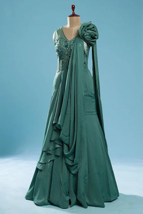 Smoke Pine Green Sequins Embroidered Satin Evening Gown