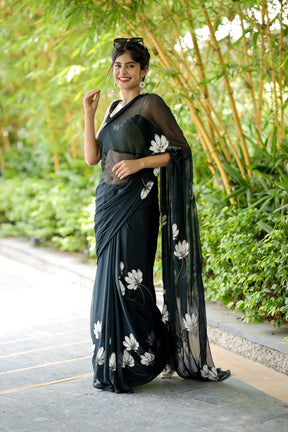 Enchanting Blackish Grey Handpainted Chiffon Saree