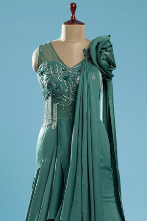 Smoke Pine Green Sequins Embroidered Satin Evening Gown