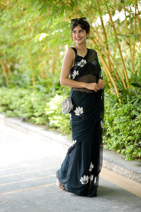 Enchanting Blackish Grey Handpainted Chiffon Saree