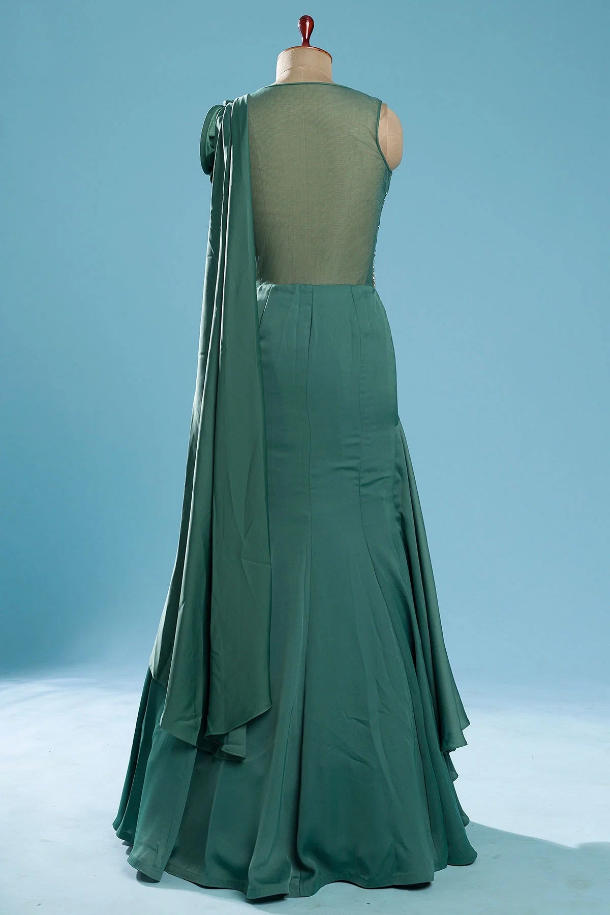 Smoke Pine Green Sequins Embroidered Satin Evening Gown