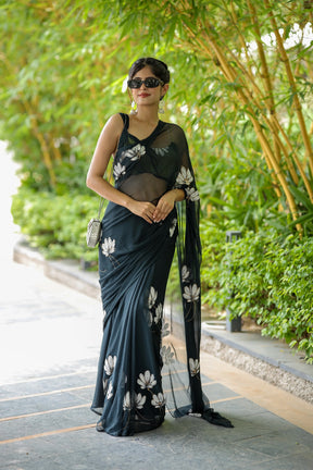 Enchanting Blackish Grey Handpainted Chiffon Saree