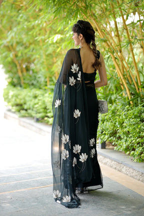 Enchanting Blackish Grey Handpainted Chiffon Saree