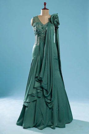 Smoke Pine Green Sequins Embroidered Satin Evening Gown