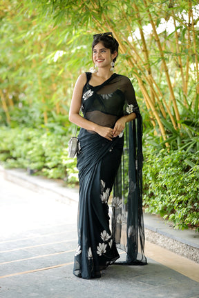 Enchanting Blackish Grey Handpainted Chiffon Saree