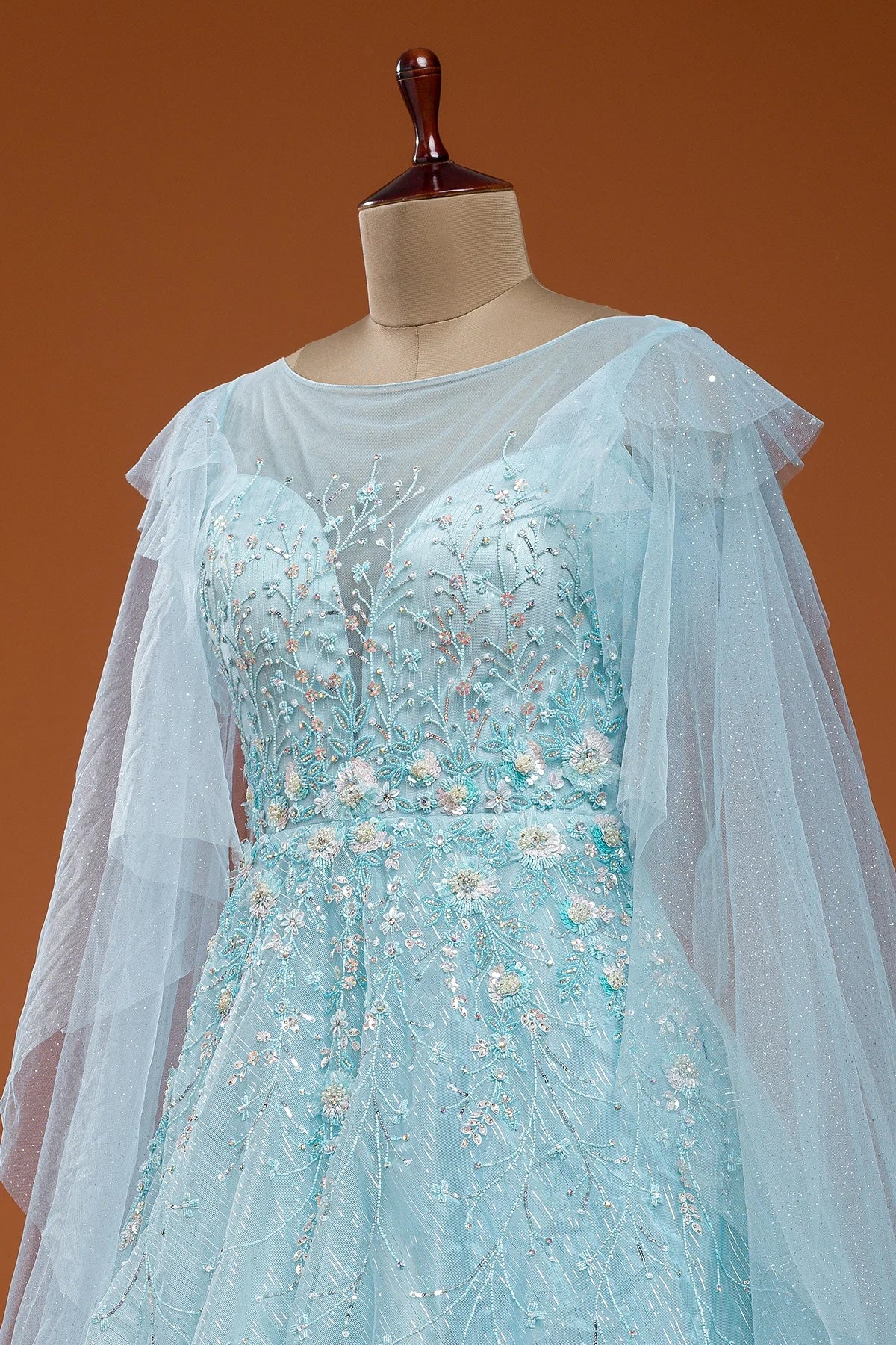 Mint Blue Sequins Embroidered Net Evening Gown