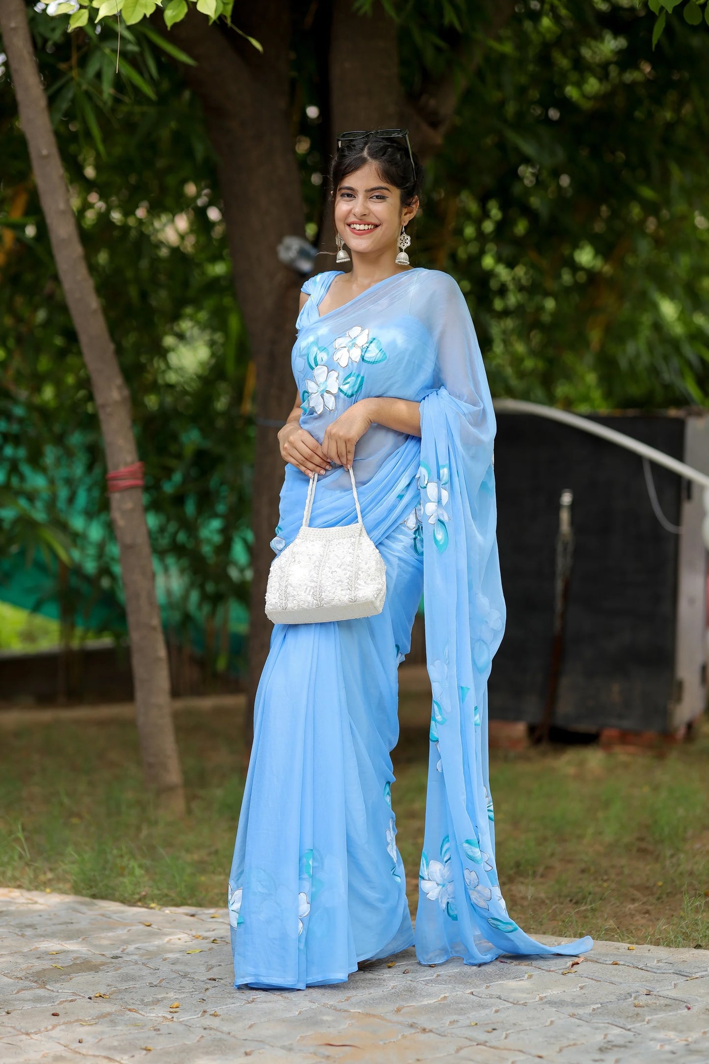 Serene Blue Handpainted Chiffon Saree