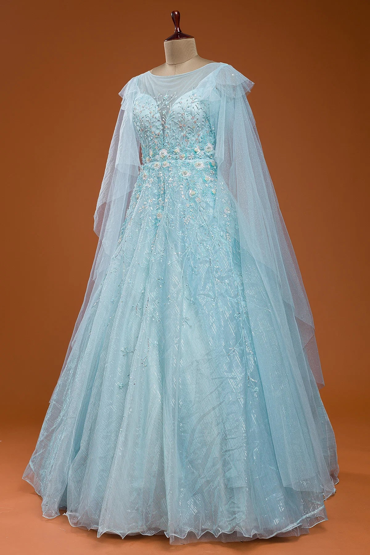 Mint Blue Sequins Embroidered Net Evening Gown