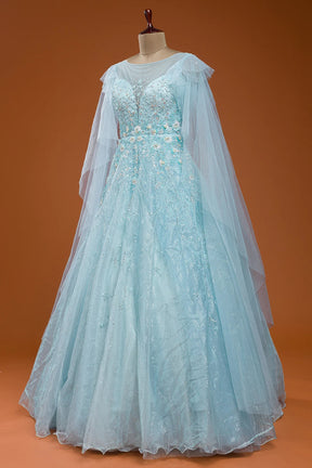 Mint Blue Sequins Embroidered Net Evening Gown